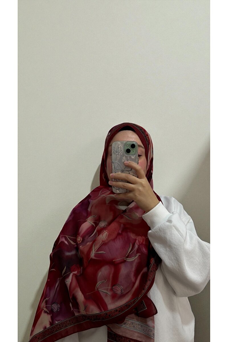 Lale Serisi Çiçekli Desen Pamuklu Dijital Soft Şal - Bordo