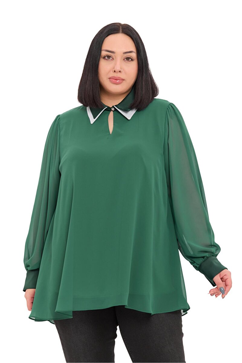 Plus Size Collar Double-Layer Chiffon Lined Blouse &mdash; Emerald