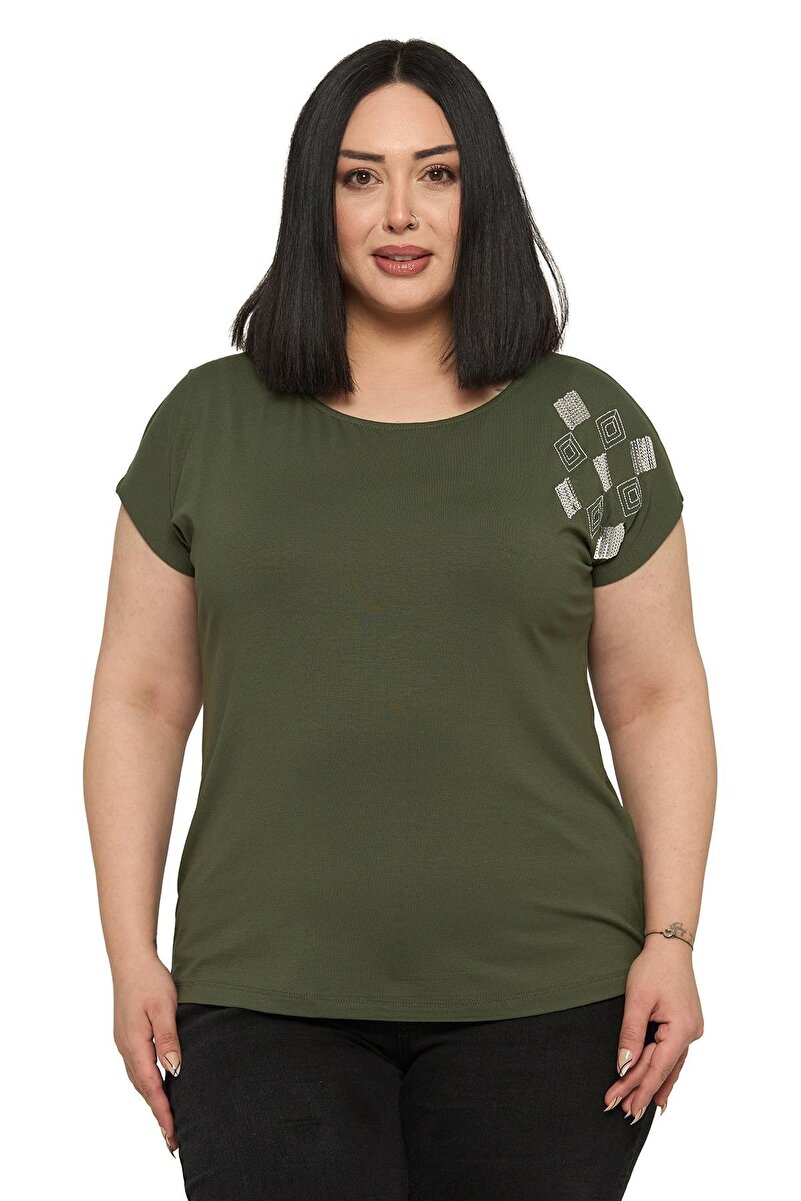 Plus Size Drop Short Sleeve On-Shoulder Diamond-Pattern Blouse &mdash; Khaki