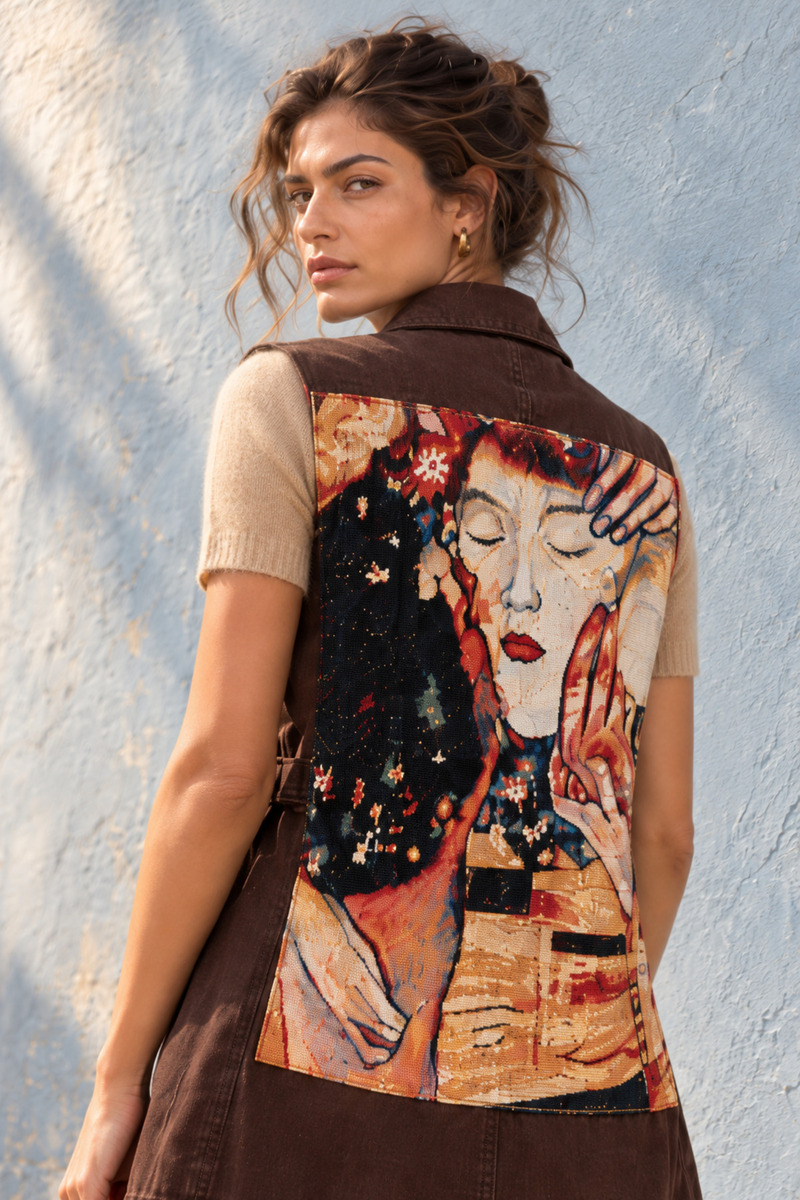 Klimt Öpücük Dokuma Detaylı Kahverengi Denim Yelek