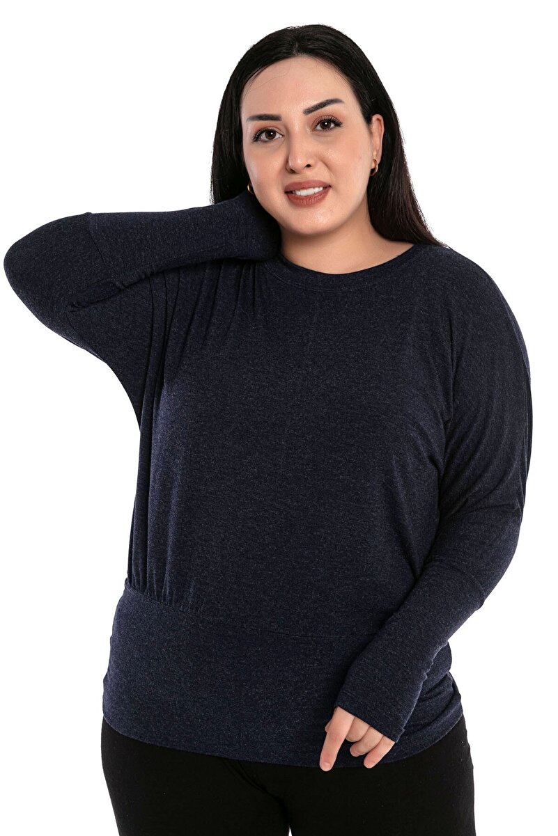 Plus Size Round Neck Batwing-Sleeve Hem Wide Banded Blouse &mdash; Navy