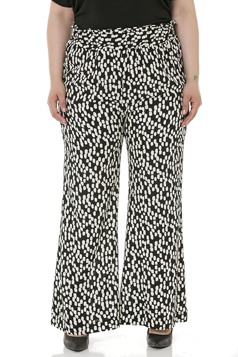 Plus Size Waist Wide Elasticated Shirred Wide-Leg Trousers &mdash; Black & White