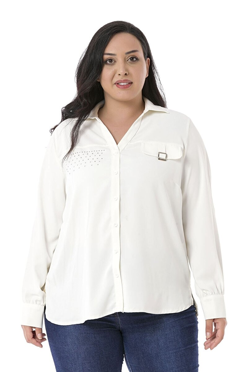 Plus Size Decorative Flap-Pocket & Buckle-Detail Fold-Detail Sleeve Shirt &mdash; White
