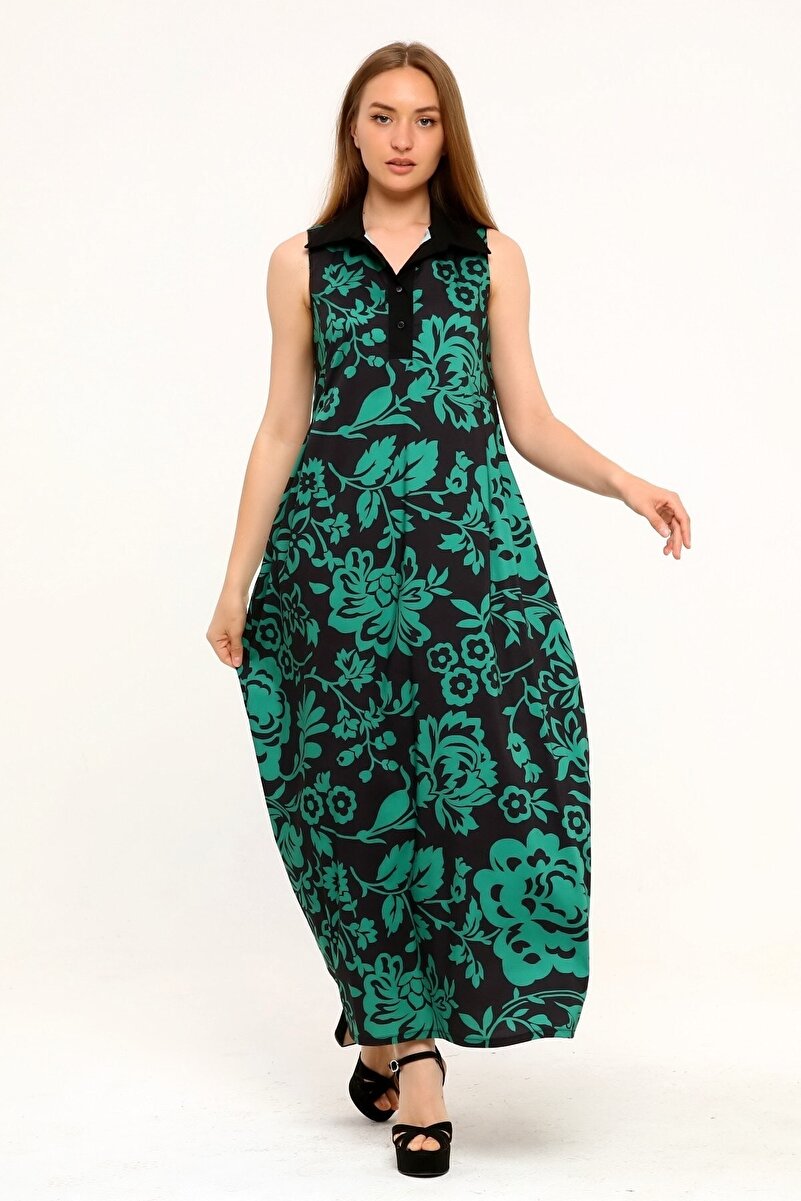 Shirt Collar Under-Bust Pleated Side Pocket Floral Long Dress &mdash; Green