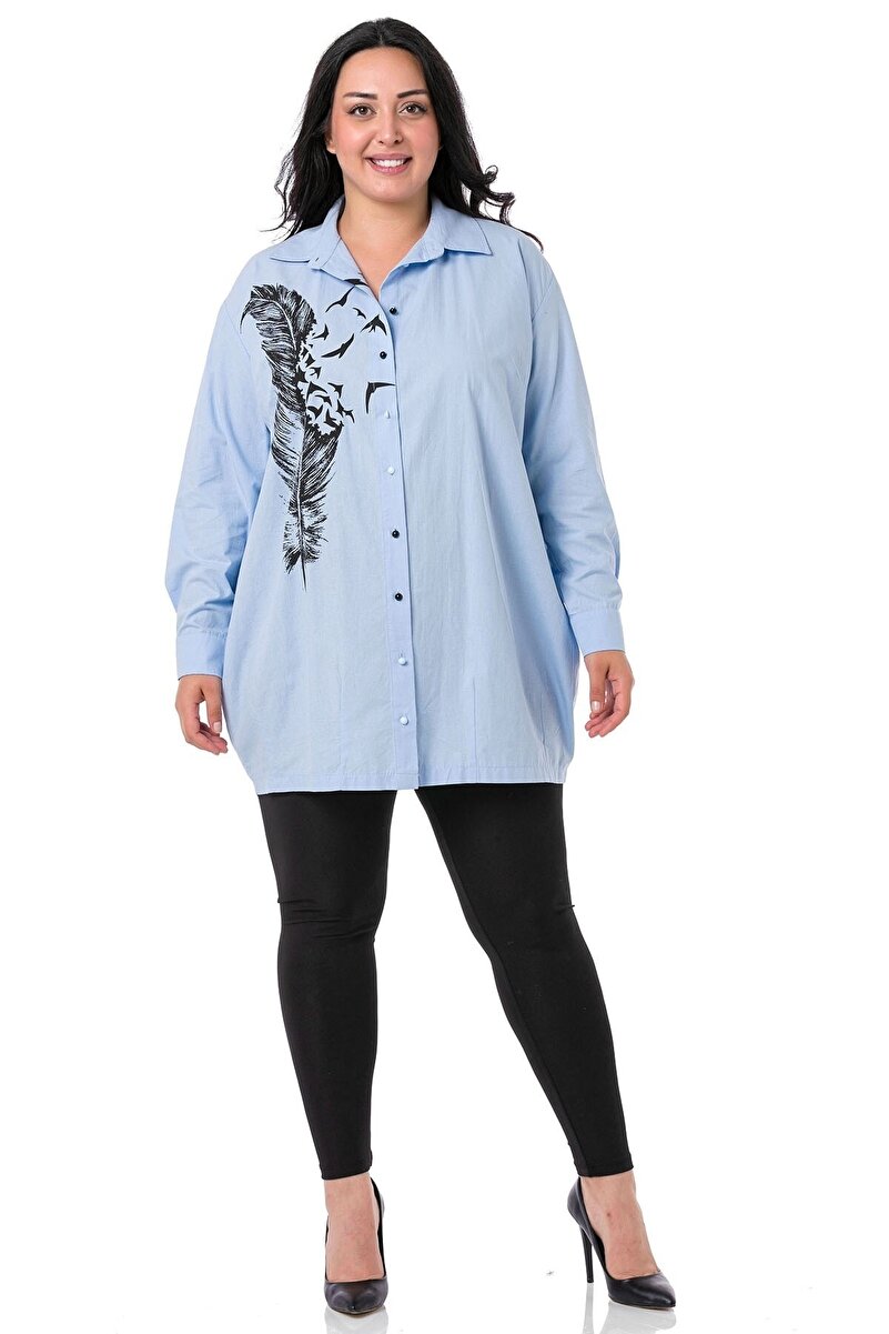 Plus Size Leaf-Print Half Balloon Fit Hem Stitched Shirt &mdash; Baby Blue