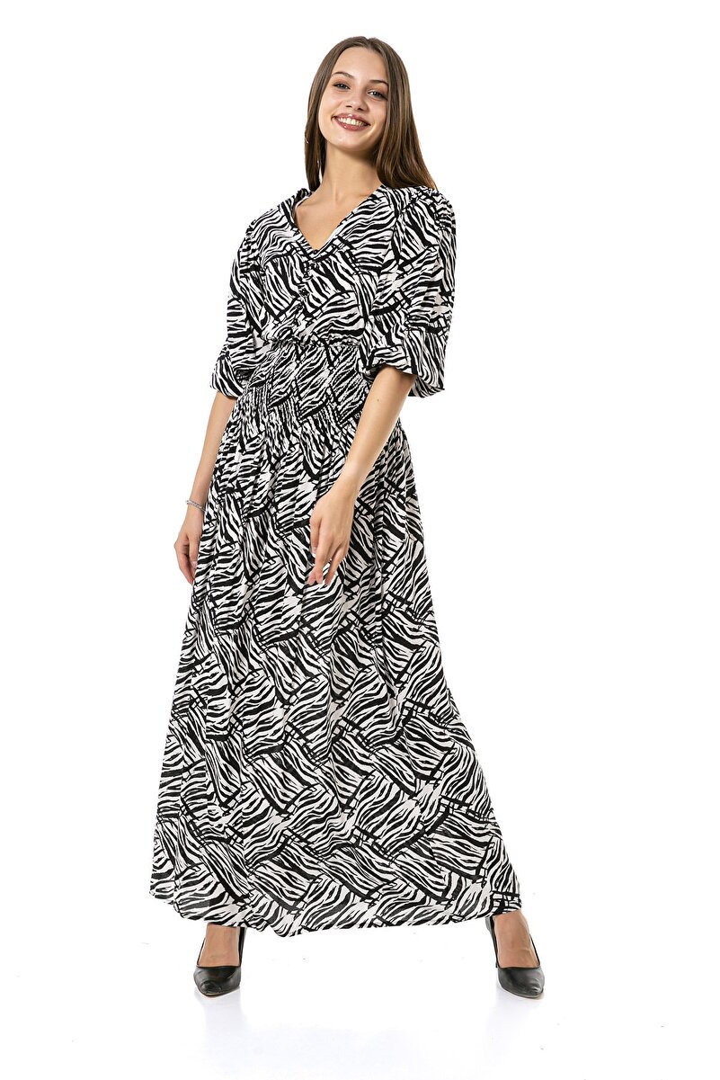 Balloon-Sleeve Waist Smocked V-Neck Zebra Long Dress &mdash; White