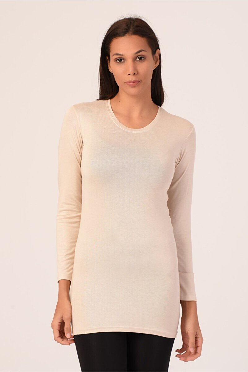 Round Neck Long Sleeve Viscose Long Bodysuit &mdash; Beige