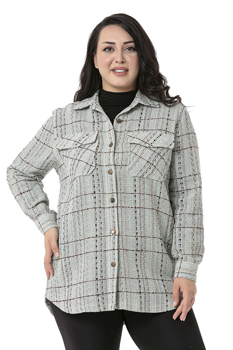 Plus Size Flap Pocket Cuffed Shirt &mdash; Aqua Green