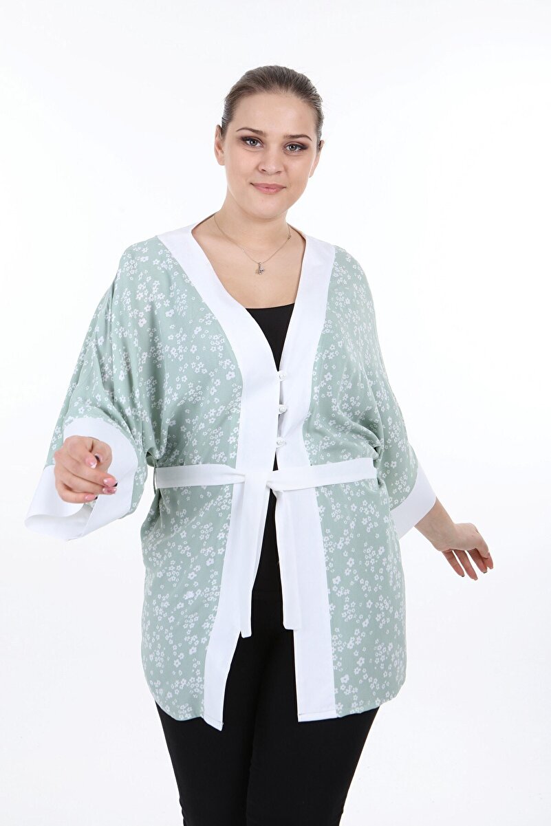 Tie-Front & Buttoned Wide-Sleeve Small Floral Kimono &mdash; Green