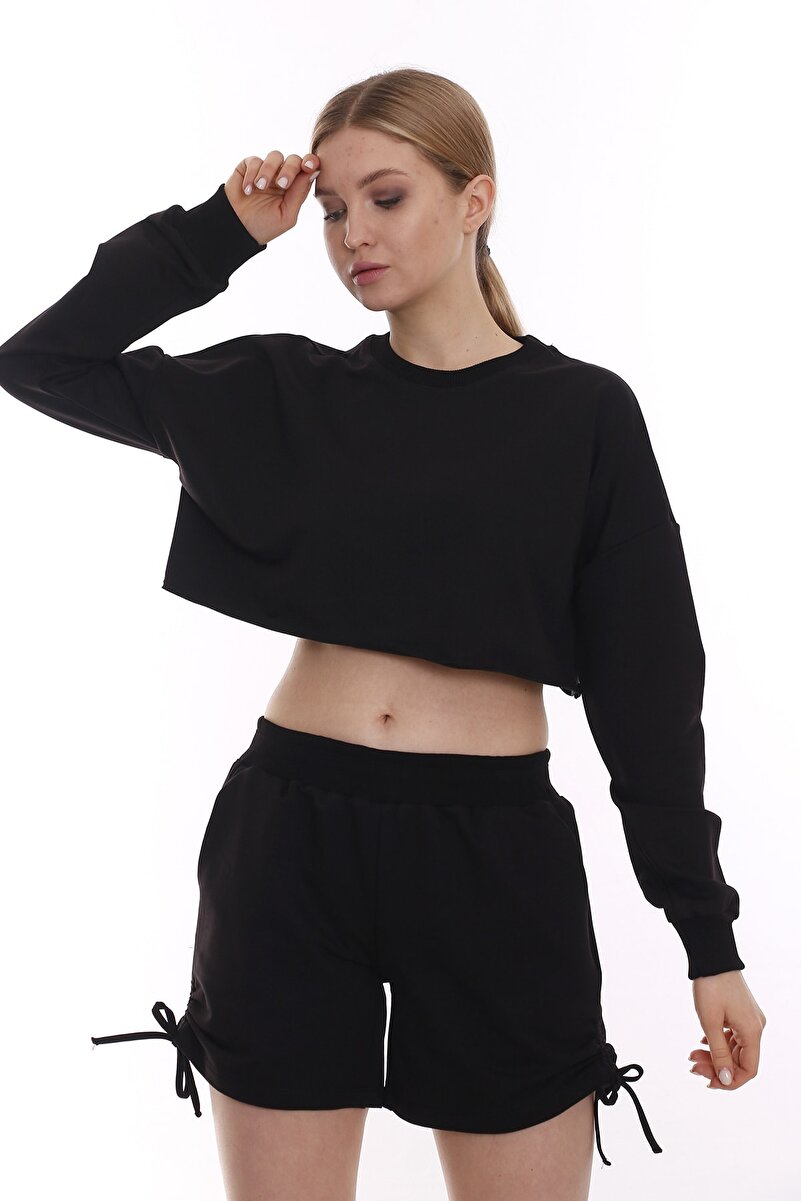 Side Drawstring Detail Cropped Shorts Set &mdash; Black