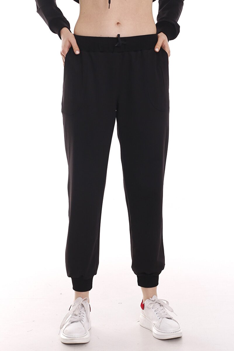 Elastic-Waist & Drawstring Detail Front Pocket Joggers &mdash; Black