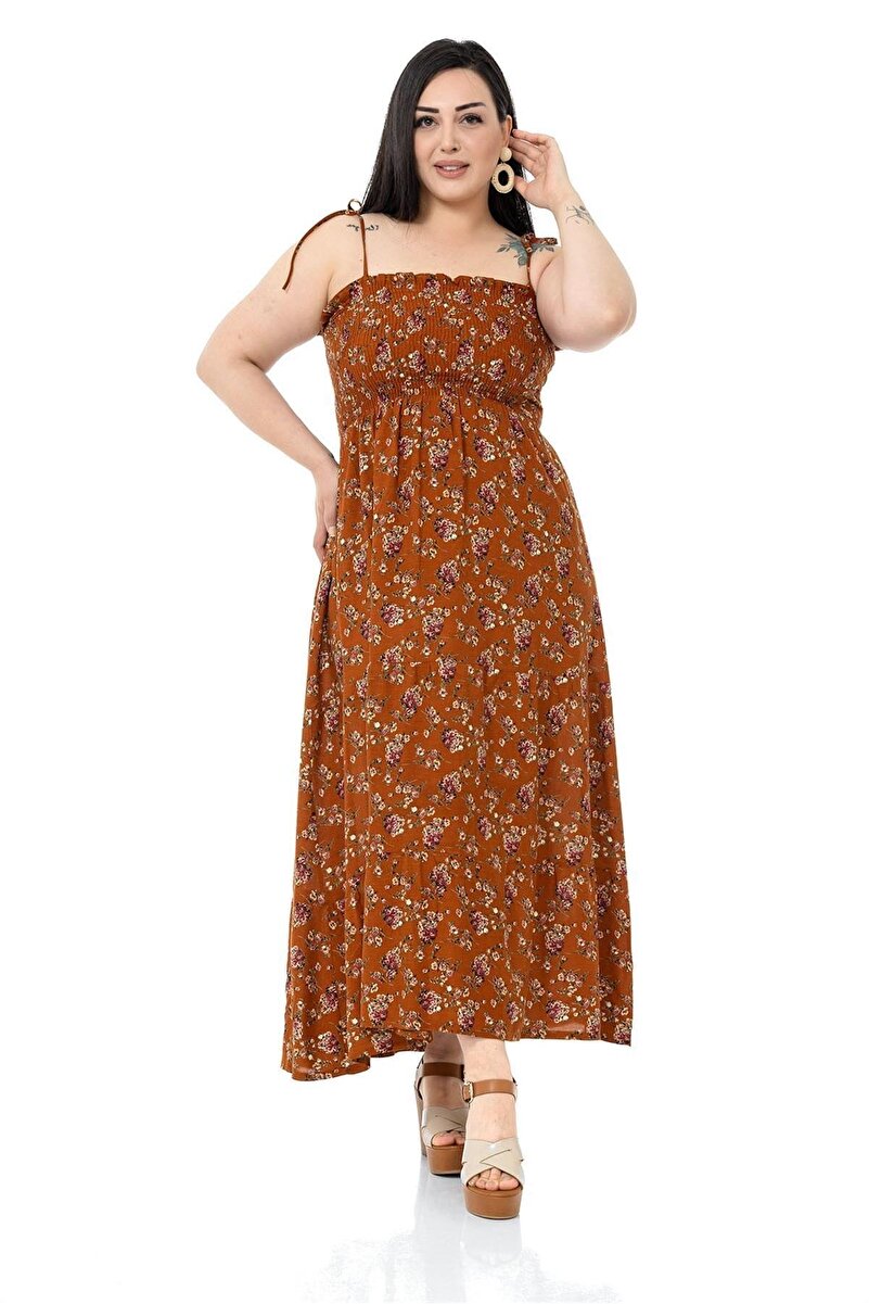 Plus Size Spaghetti-Strap Bust Frilled & Elasticated Long Dress &mdash; Brown