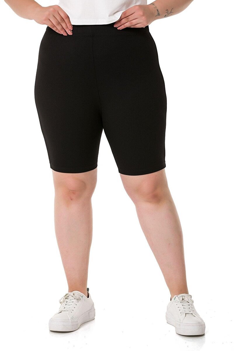 Plus Size Elastic-Waist Above-Knee Ribbed Leggings — Black