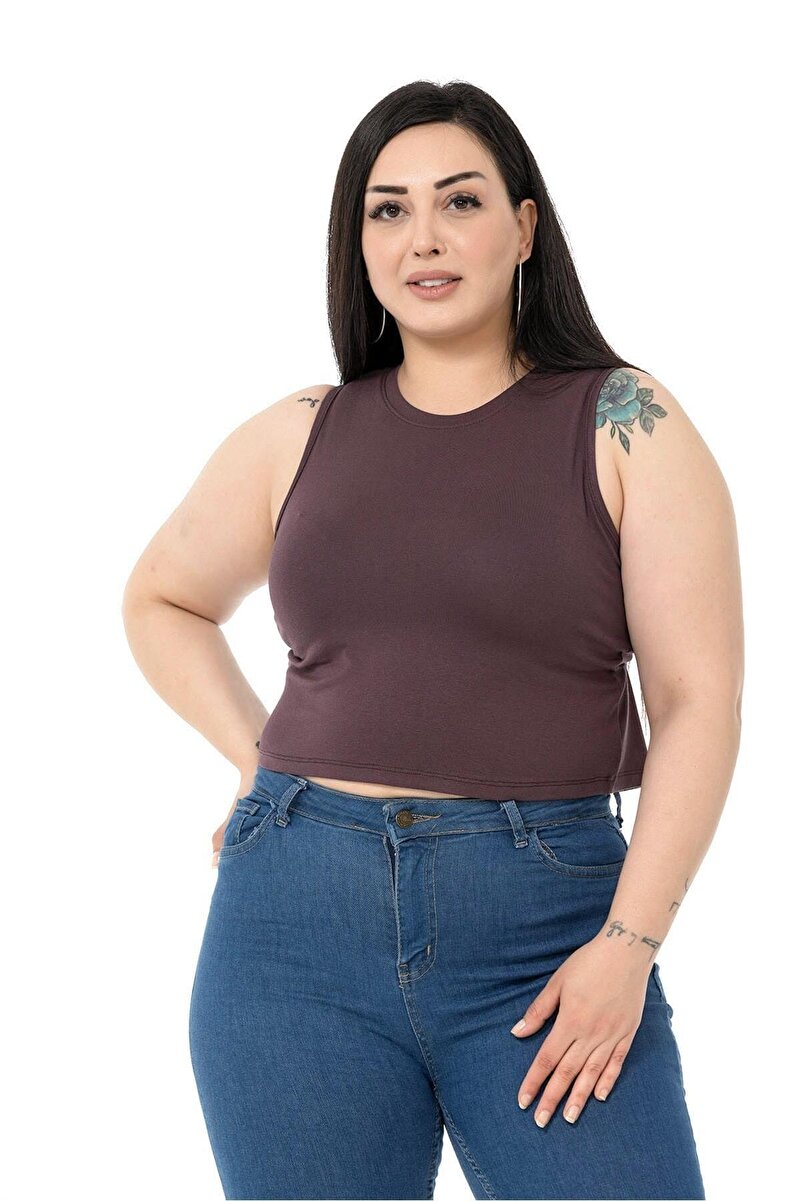 Plus Size Crew Neck Sleeveless Cropped Viscose Bodysuit &mdash; Dark Mink