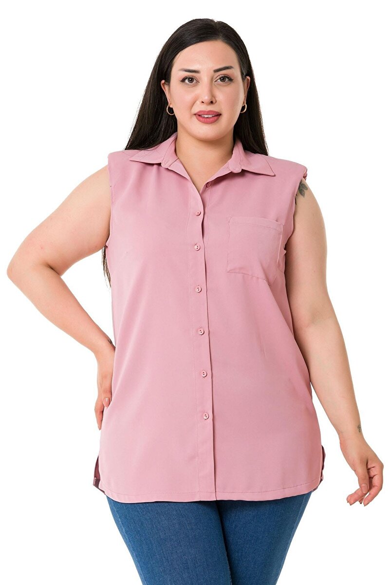 Plus Size Single-Pocket Padded-Shoulder Sleeveless Shirt &mdash; Dusty Rose