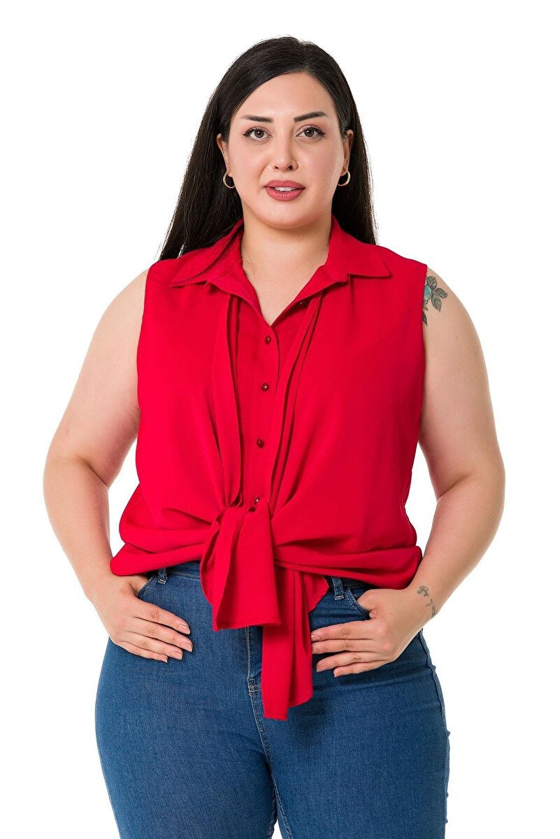 Plus Size Front Double-Layer Sleeveless Pleat Detail Shirt &mdash; Red