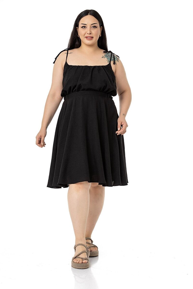 Plus Size Shoulder Tie-Detail Short Dress &mdash; Black