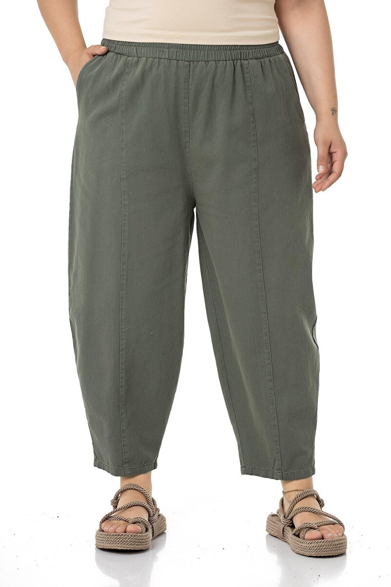 Plus Size Half Harem-Style Elastic-Waist Trousers &mdash; Khaki