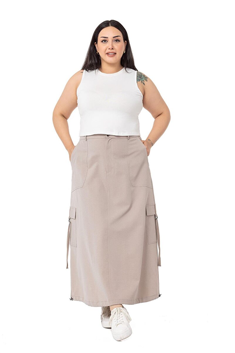 Plus Size Hem Shirred Parachute Long Skirt &mdash; Stone