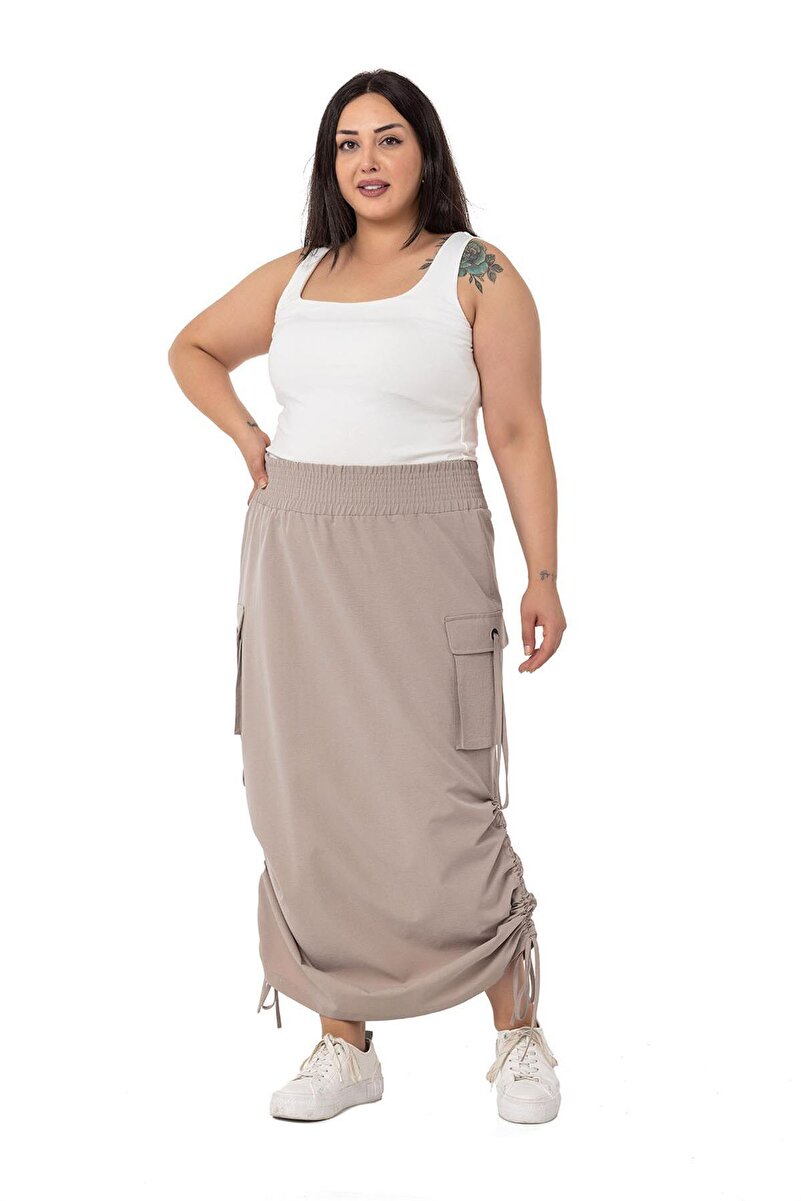 Plus Size Side Shirred Elastic-Waist Parachute Long Skirt &mdash; Stone