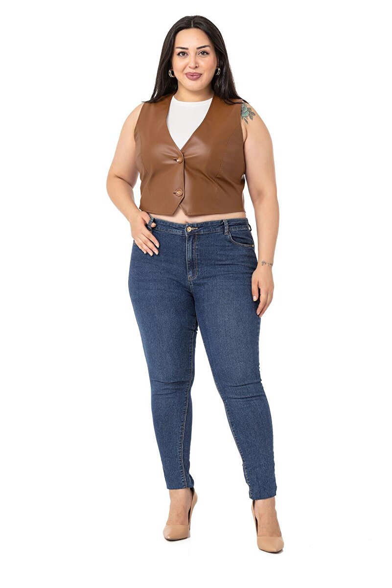 Plus Size Buttoned Lined Leather-Look Short Vest — Brown