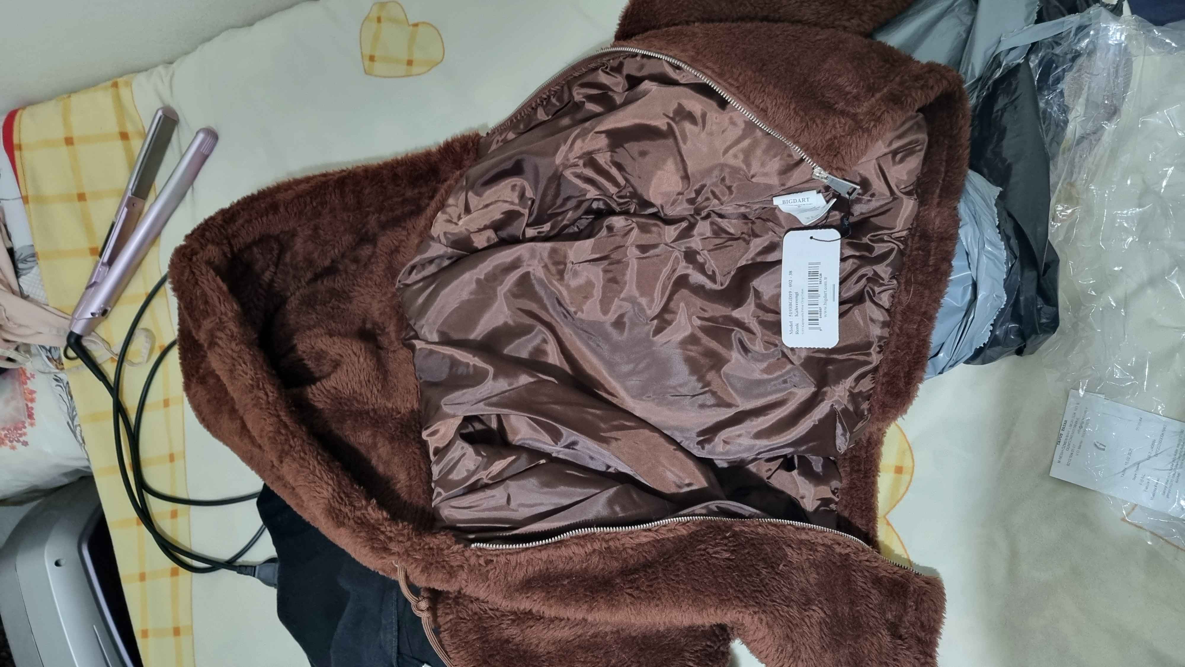 5193 Kapüşonlu Peluş Crop Ceket - Kahverengi | En Uygun