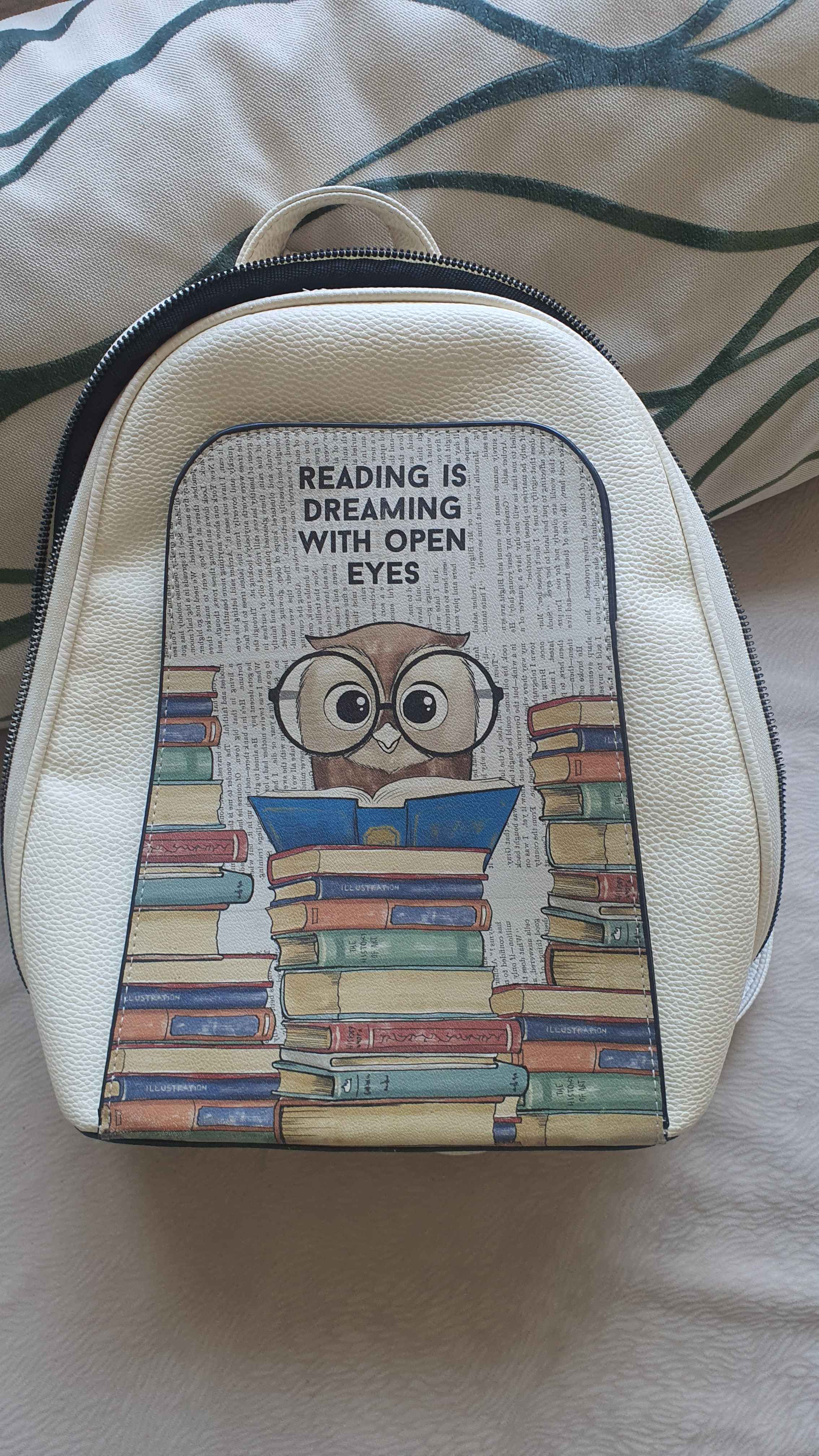 Women Vegan Leather Cream Backpack - The Wise Owl Design 