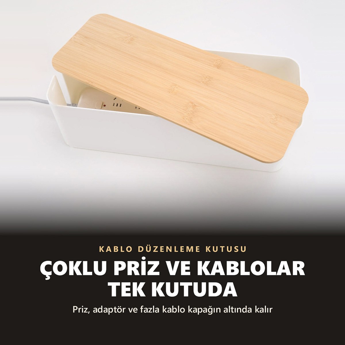 GreenTech Kablo Düzenleyici ve Priz Saklama Kutusu, Bambu-Beyaz, Ekstra Büyük Boy / GT-PK07