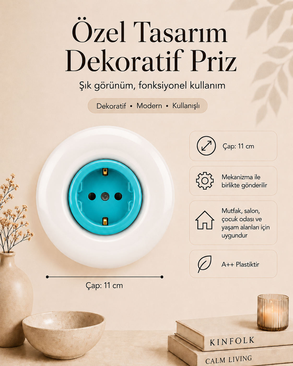 Özel Tasarım Bubble Serisi Dış Beyaz İç Turkuaz Dekoratif Priz A Kalite Plastik (Mekanizma Dahildir)