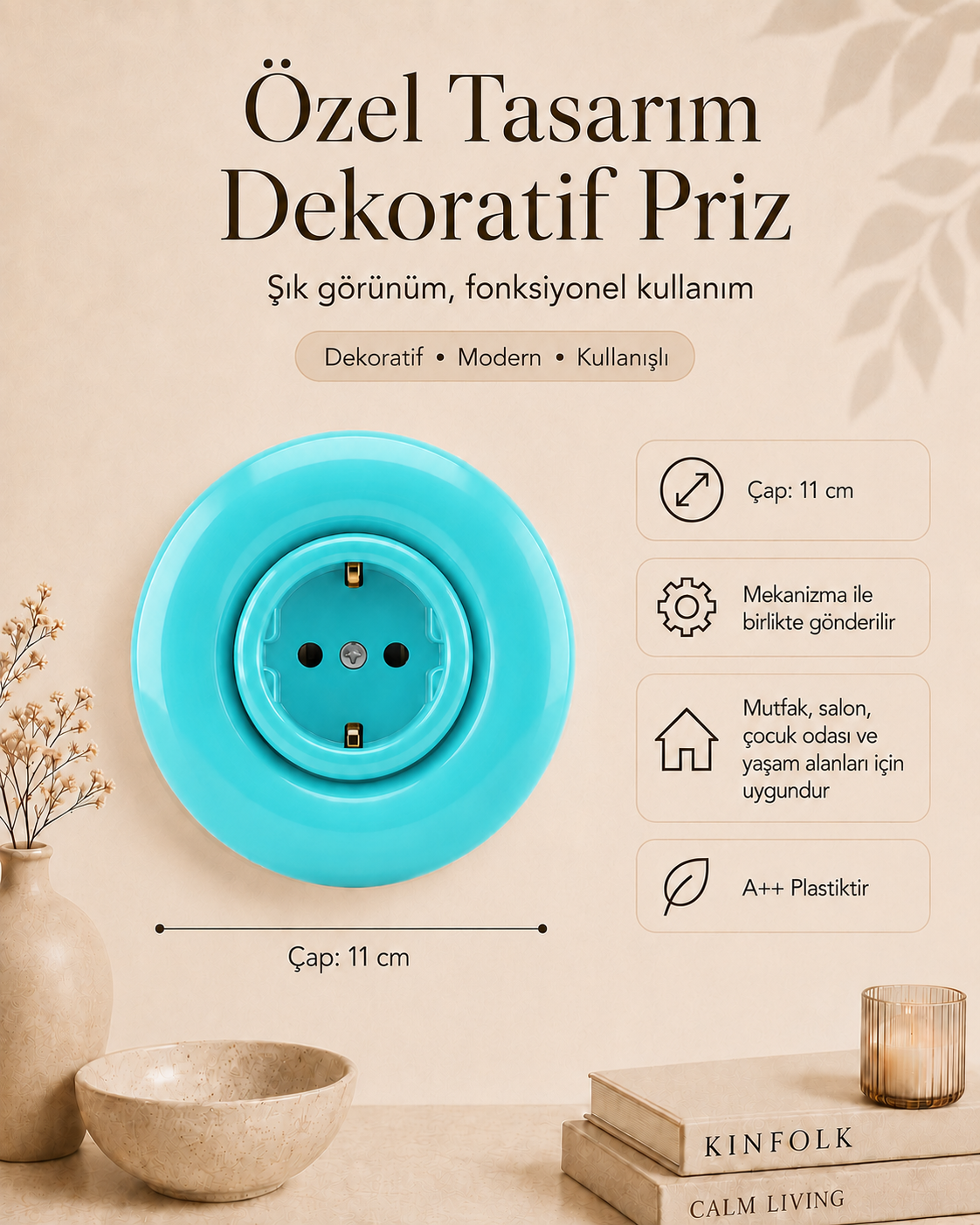 Özel Tasarım Bubble Serisi Turkuaz Dekoratif Priz A Kalite Plastik (Mekanizma Dahildir)