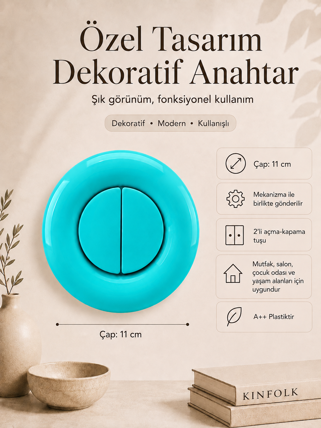 Özel Tasarım Bubble Serisi Turkuaz Dekoratif Anahtar A Kalite Plastik (Mekanizma Dahildir)