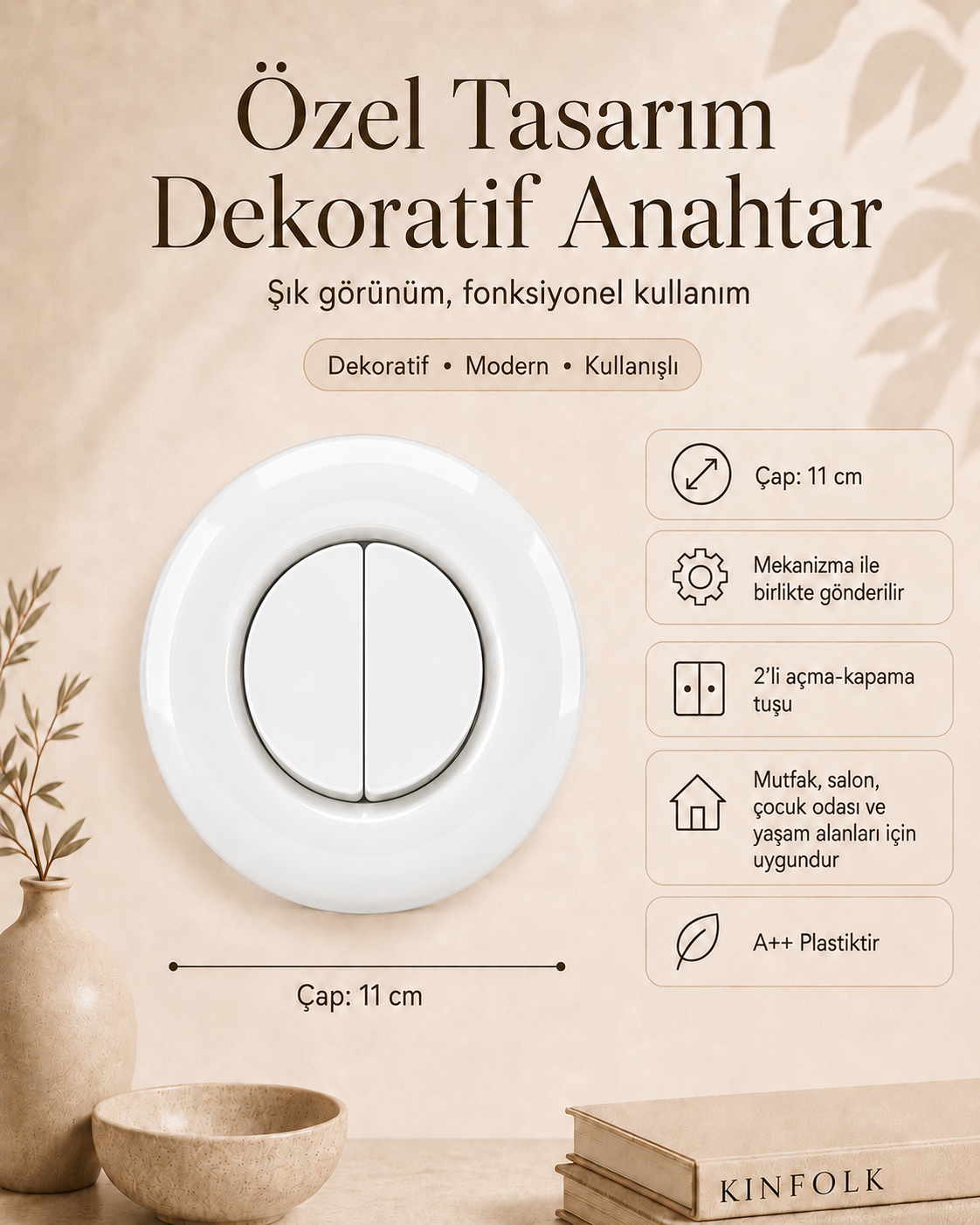 Özel Tasarım Bubble Serisi Beyaz Dekoratif Anahtar A Kalite Plastik (Mekanizma Dahildir)