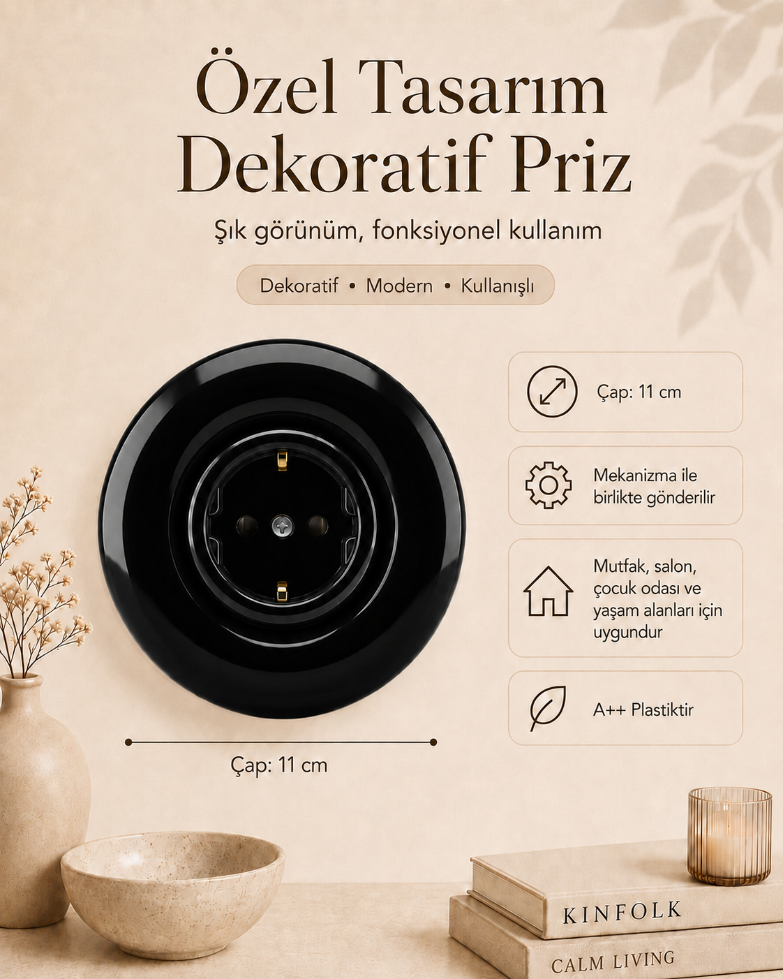 Özel Tasarım Bubble Serisi Siyah Dekoratif Priz A Kalite Plastik (Mekanizma Dahildir)