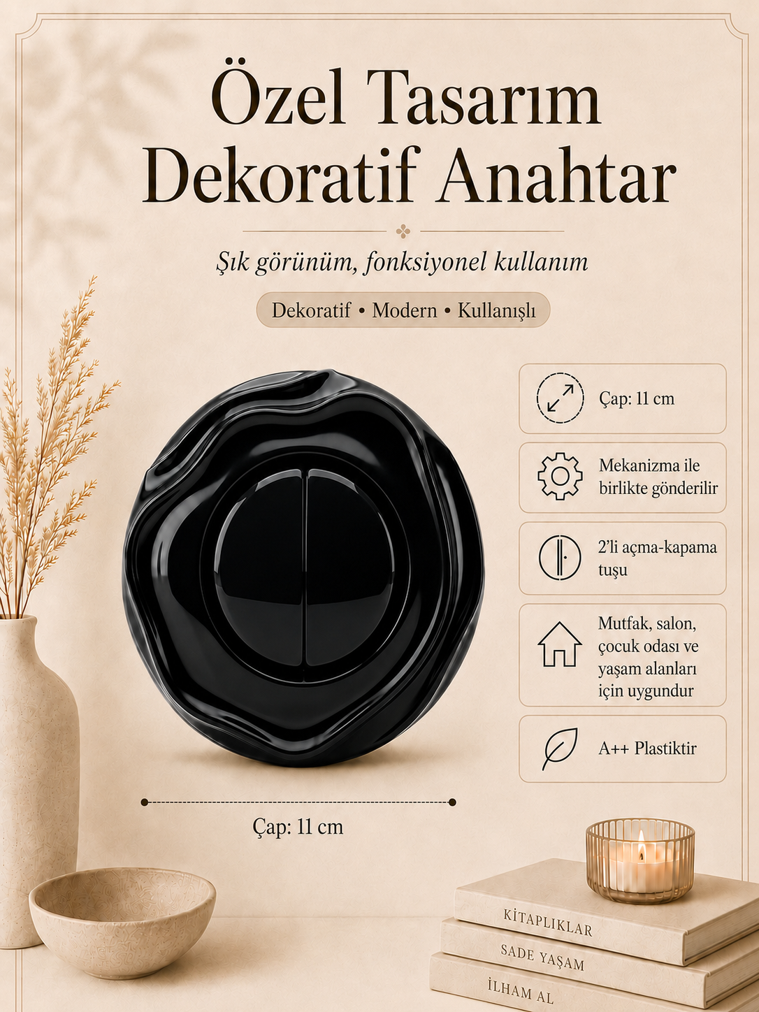Özel Tasarım Wavy Serisi Siyah Renk Dekoratif Anahtar A Kalite Plastik (Mekanizma Dahildir)