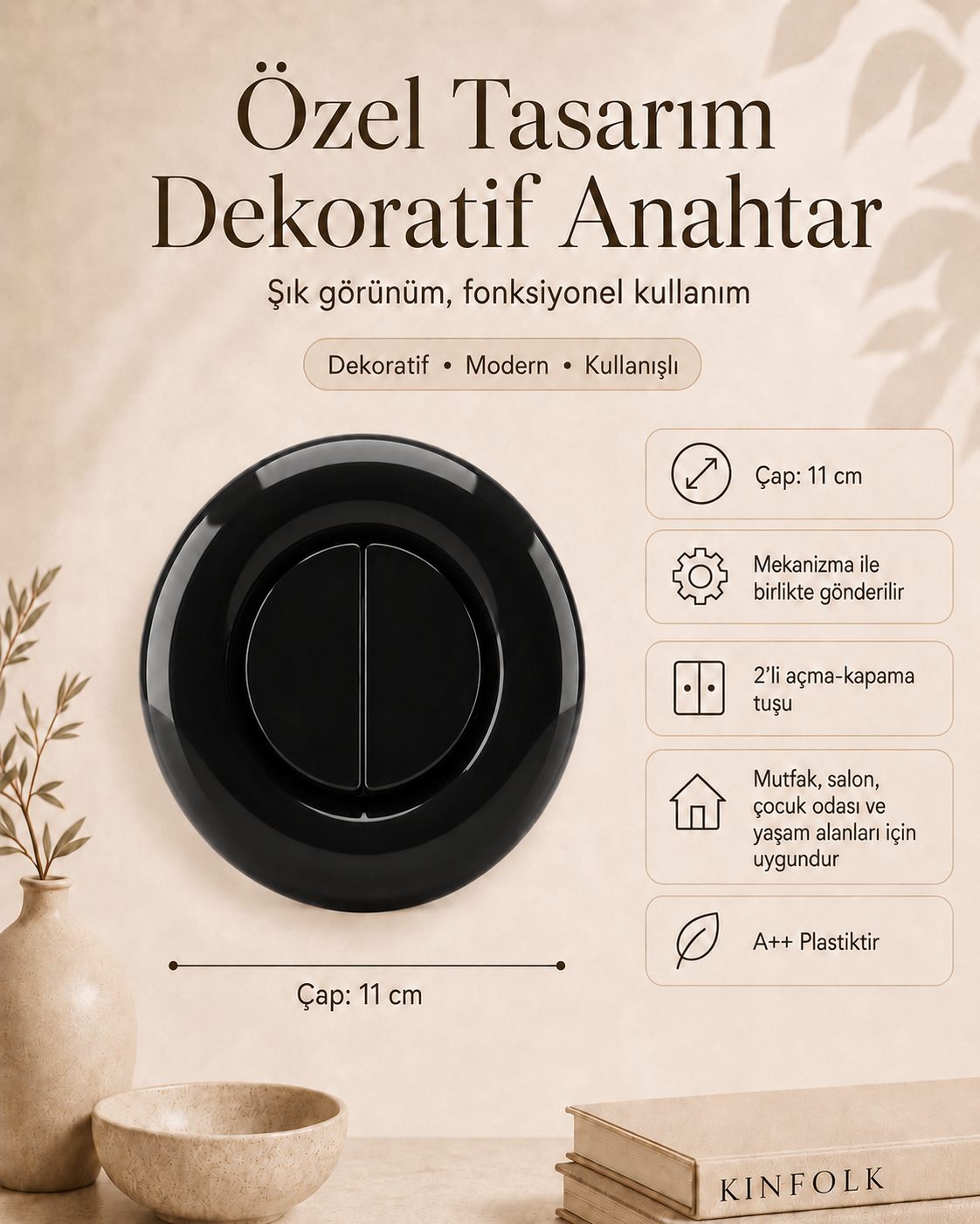 Özel Tasarım Bubble Serisi Siyah Dekoratif Anahtar A Kalite Plastik (Mekanizma Dahildir)