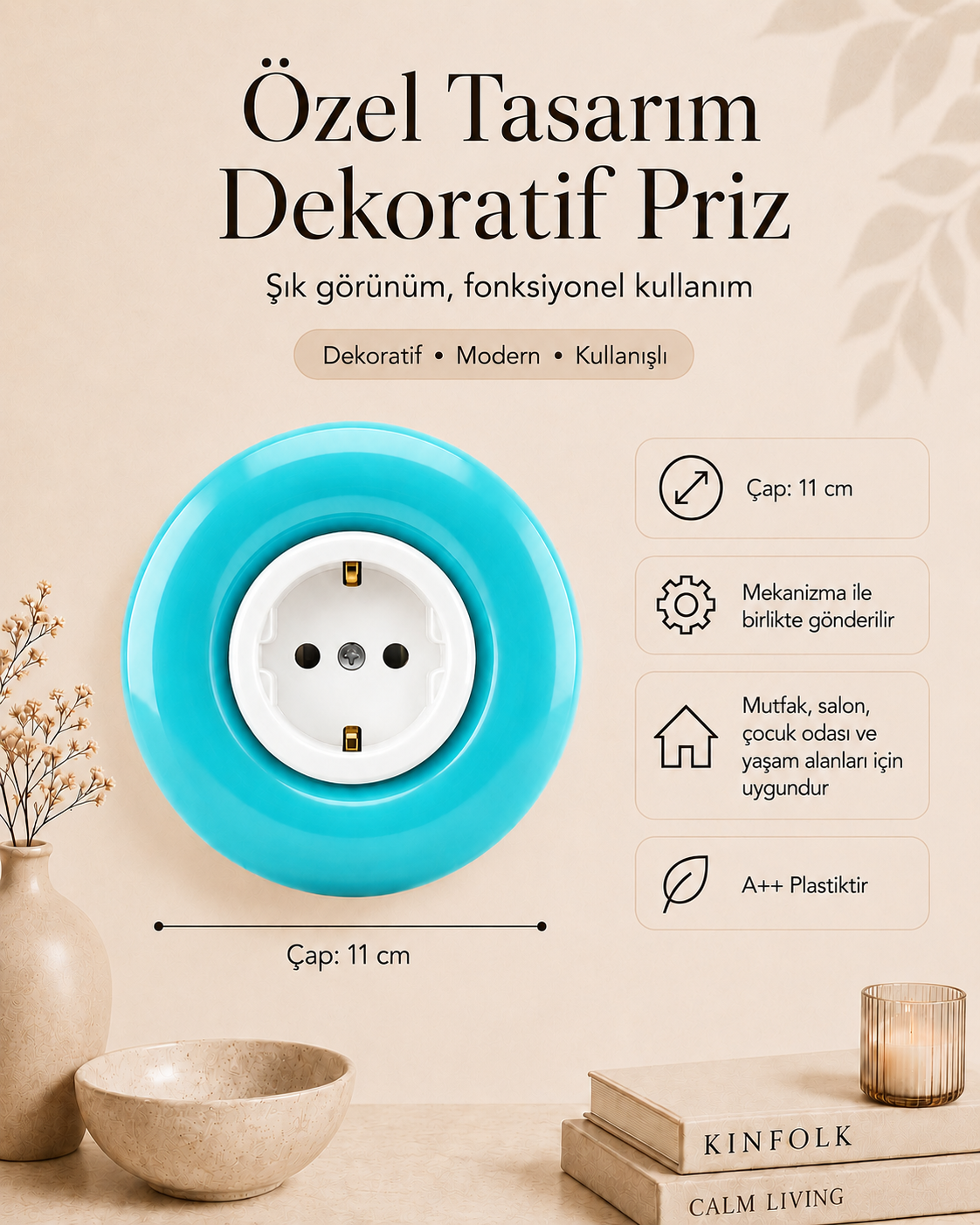 Özel Tasarım Bubble Serisi Dış Turkuaz İç Beyaz Dekoratif Priz A Kalite Plastik (Mekanizma Dahildir)