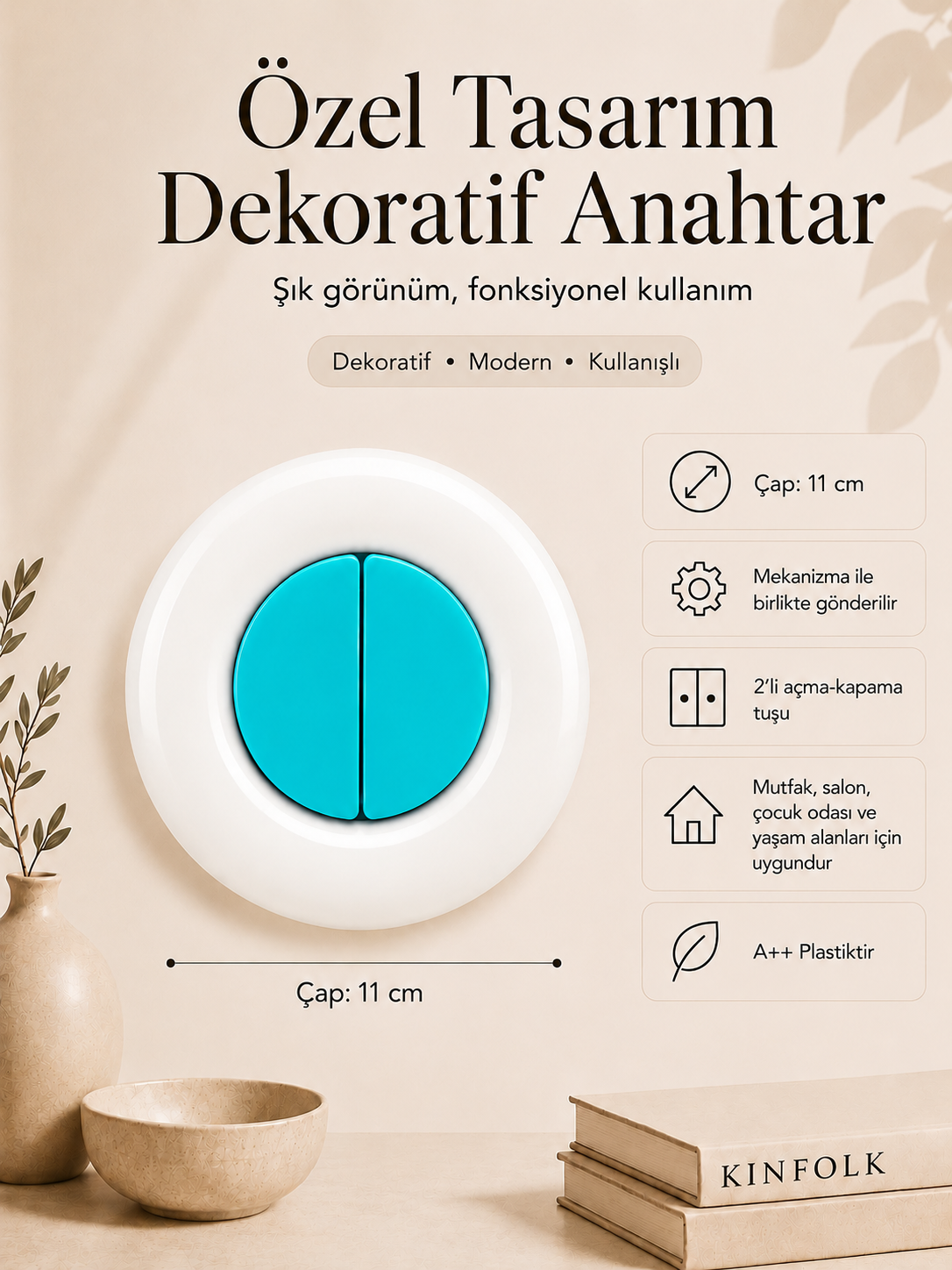 Özel Tasarım Bubble Serisi Dış Beyaz İç Turkuaz Dekoratif Anahtar A Kalite Plastik (Mekanizma Dahildir)