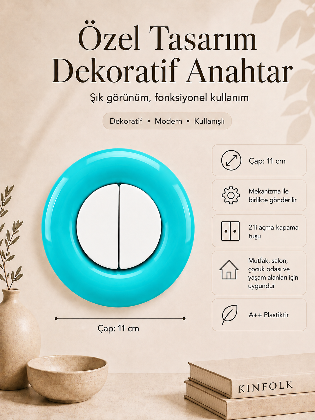 Özel Tasarım Bubble Serisi Dış Turkuaz İç Beyaz Dekoratif Anahtar A Kalite Plastik (Mekanizma Dahildir)