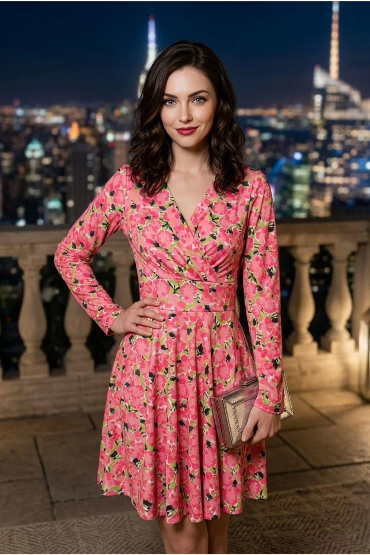 Kadın Trend Model Kruvaze Yaka Mini Uzun Kollu Abiye Elbise