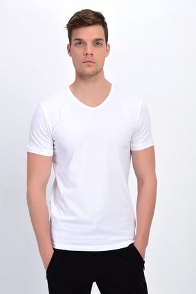Erkek Beyaz V Yaka Likralı Basic T-shirt T339