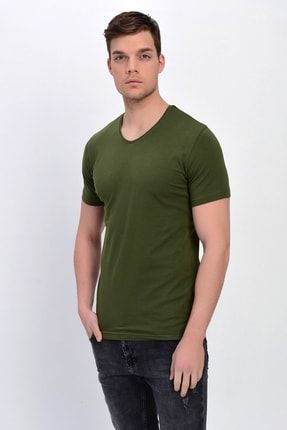 Erkek Haki V Yaka Likralı Basic T-shirt T339