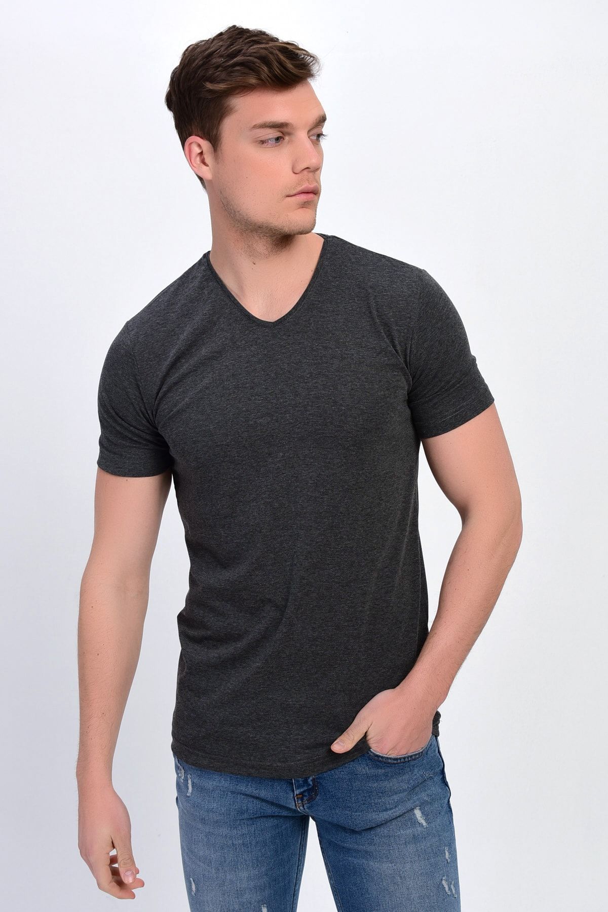 DYNAMO-Ανδρικό μπλουζάκι Anthracite Large Size V-Neck Lycra Basic 2