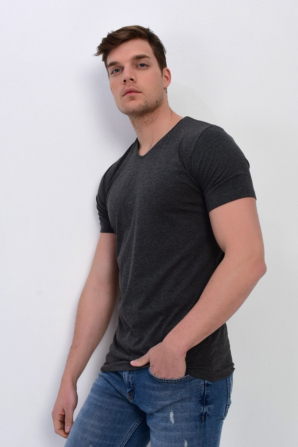DYNAMO-Ανδρικό μπλουζάκι Anthracite Large Size V-Neck Lycra Basic 3