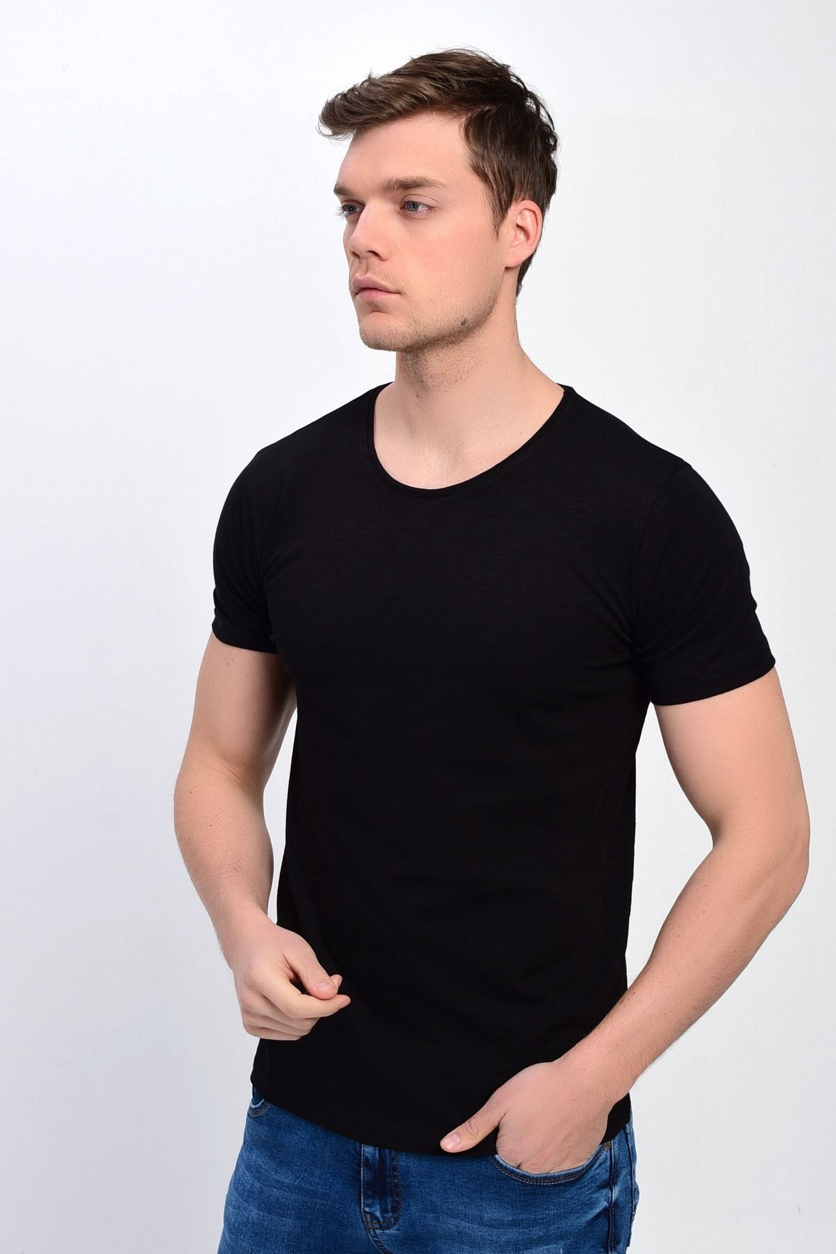 DYNAMO-Ανδρικό μπλουζάκι Black Plus Size Crew Neck Lycra Basic 4