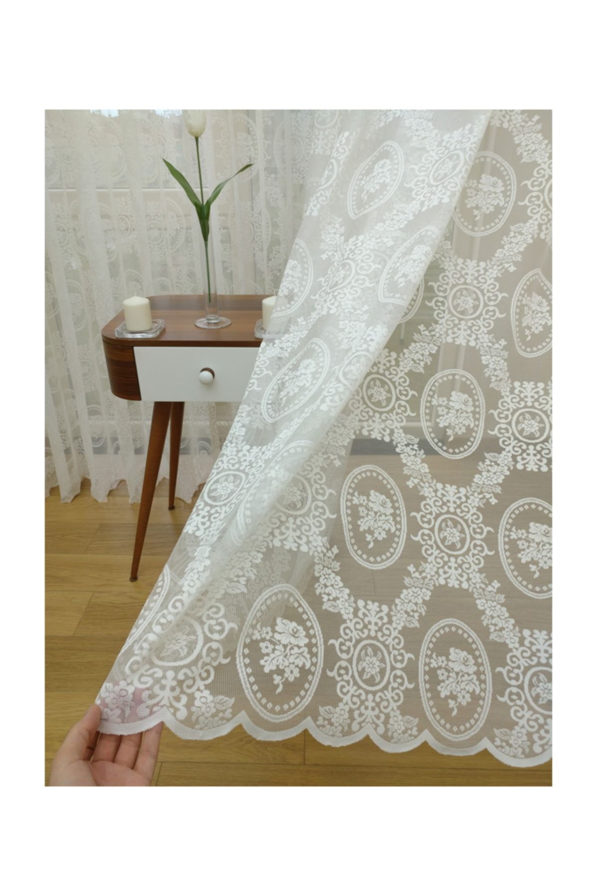 Esse Home Çiçek Desenli Özel Örme Dokulu Tül Perde, 150x260, Sık Pile, 1/3