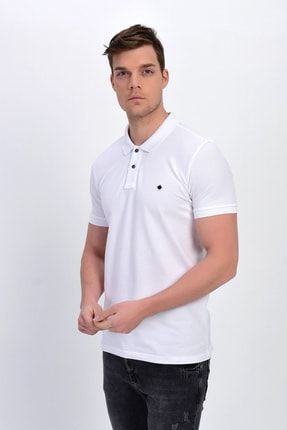 Erkek Beyaz Büyük Beden Polo Yaka Likralı T-shirt T433 B.B