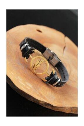 Ebijuteri Gold Renk Yapraklı Metal Aksesuarlı Siyah Deri Erkek Bileklik
