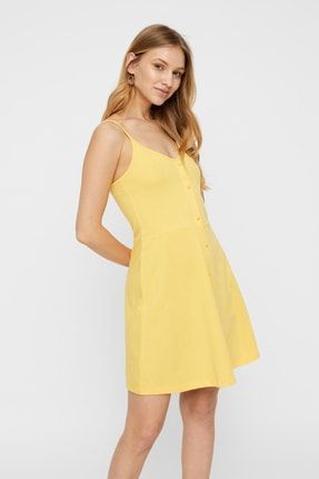 Kadın Sarı Düğme Detaylı Askılı Elbise 10212312 VMADRIANNE