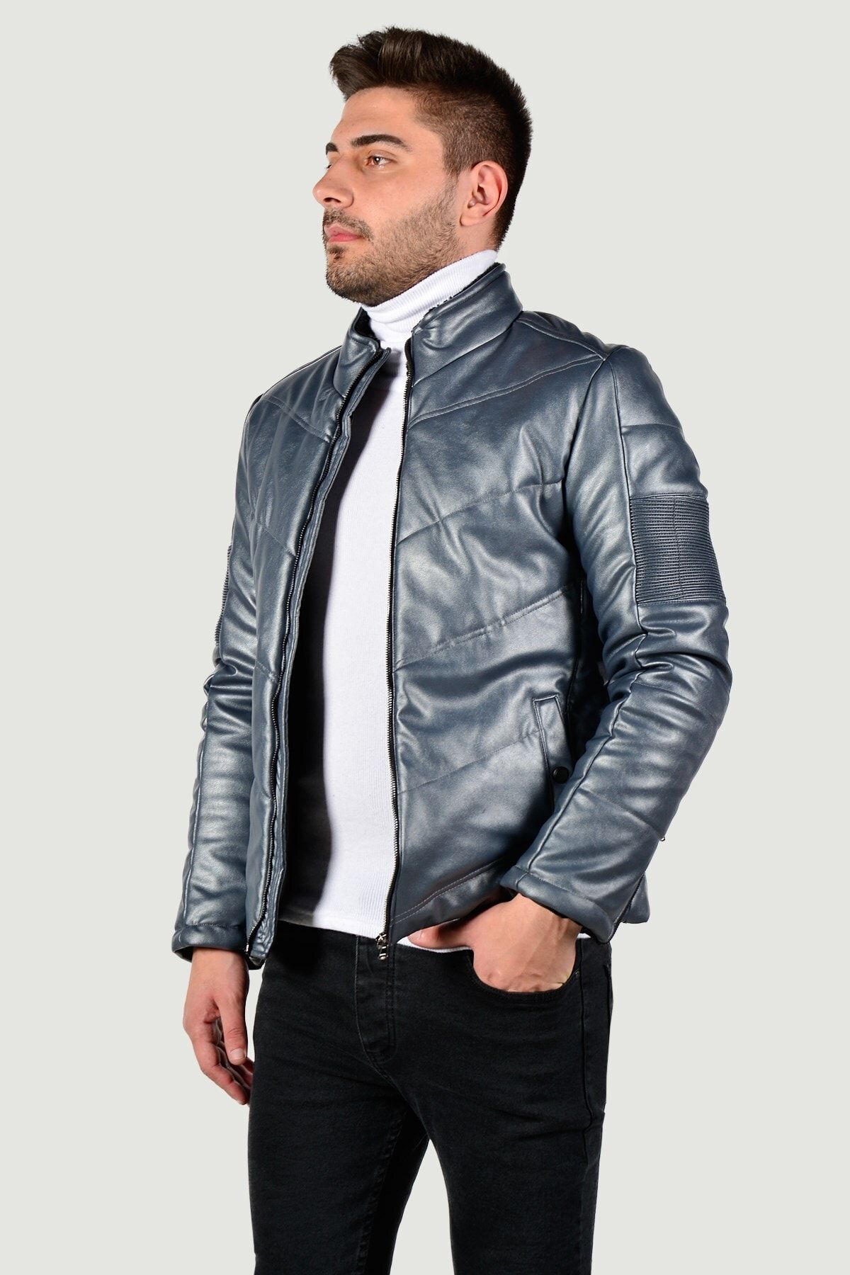 Terapi Men Erkek Deri Mont 9y 39399 007 Gri Trendyol