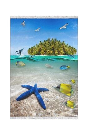 Else Tropikal Deniz Yıldızı Balıklı Ada 3d Desenli Dekoratif Saçaklı Kilim Halı 150x230cm ossokil3d29